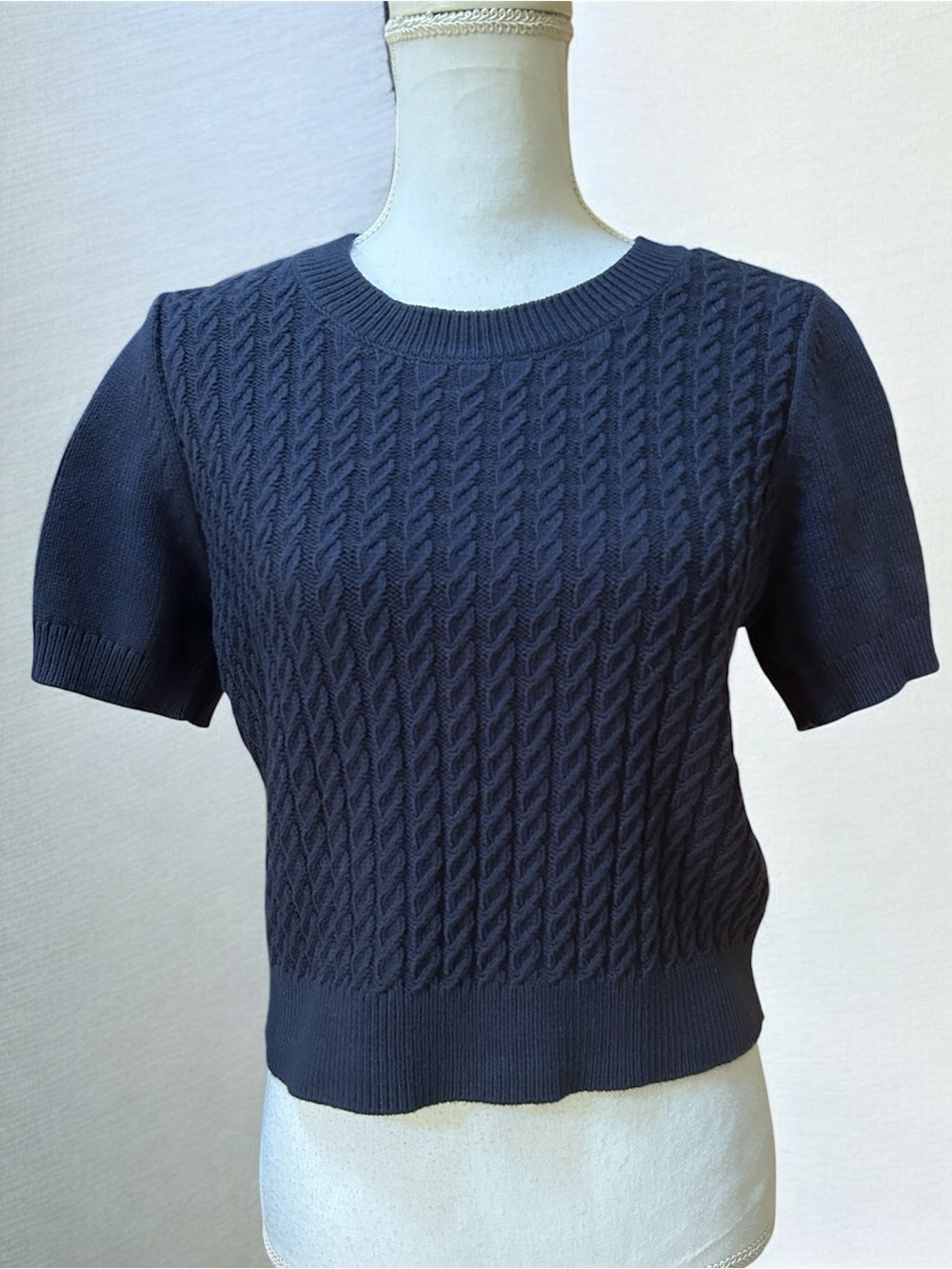Michael Kors Midnight Blue Crew Neck Preppy Cable Knit Cropped Pullover Sweater